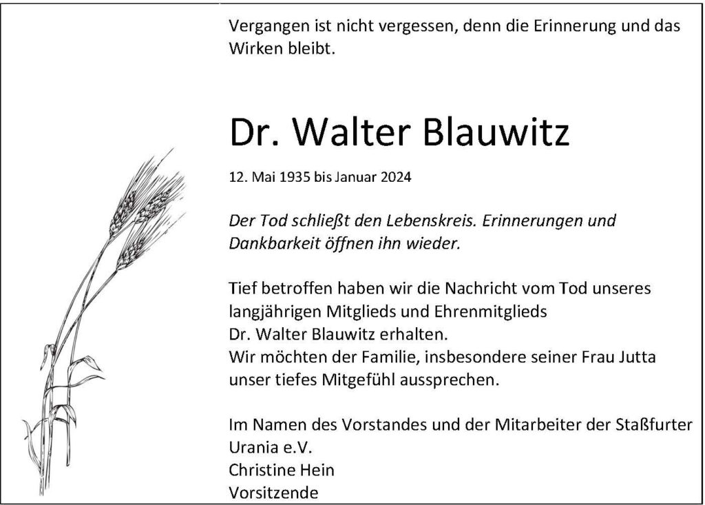 Traueranzeige Walter Blauwitz