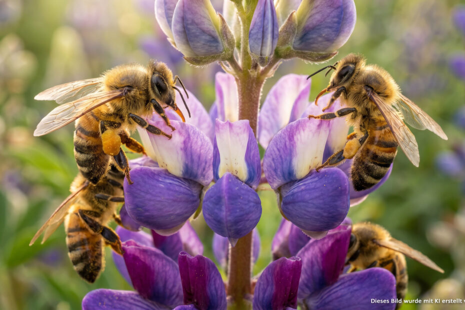 Fotorealistische Makroaufnahme von mehreren Honigbienen, fleißig beim Sammeln von Nektar und Pollen auf einer leuchtend bunten Blüte.