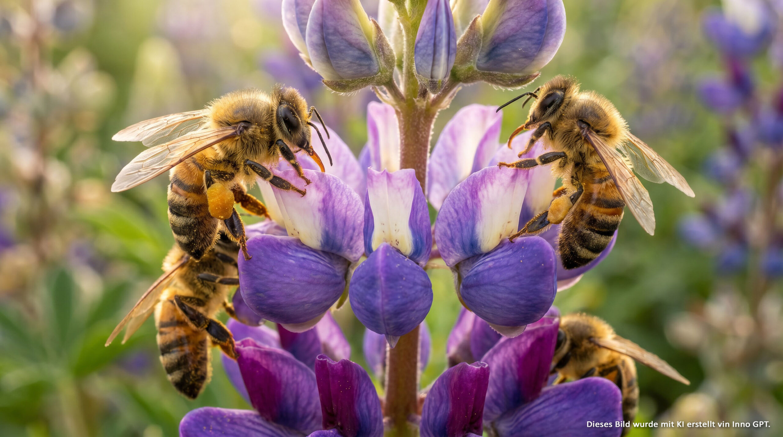 Fotorealistische Makroaufnahme von mehreren Honigbienen, fleißig beim Sammeln von Nektar und Pollen auf einer leuchtend bunten Blüte.