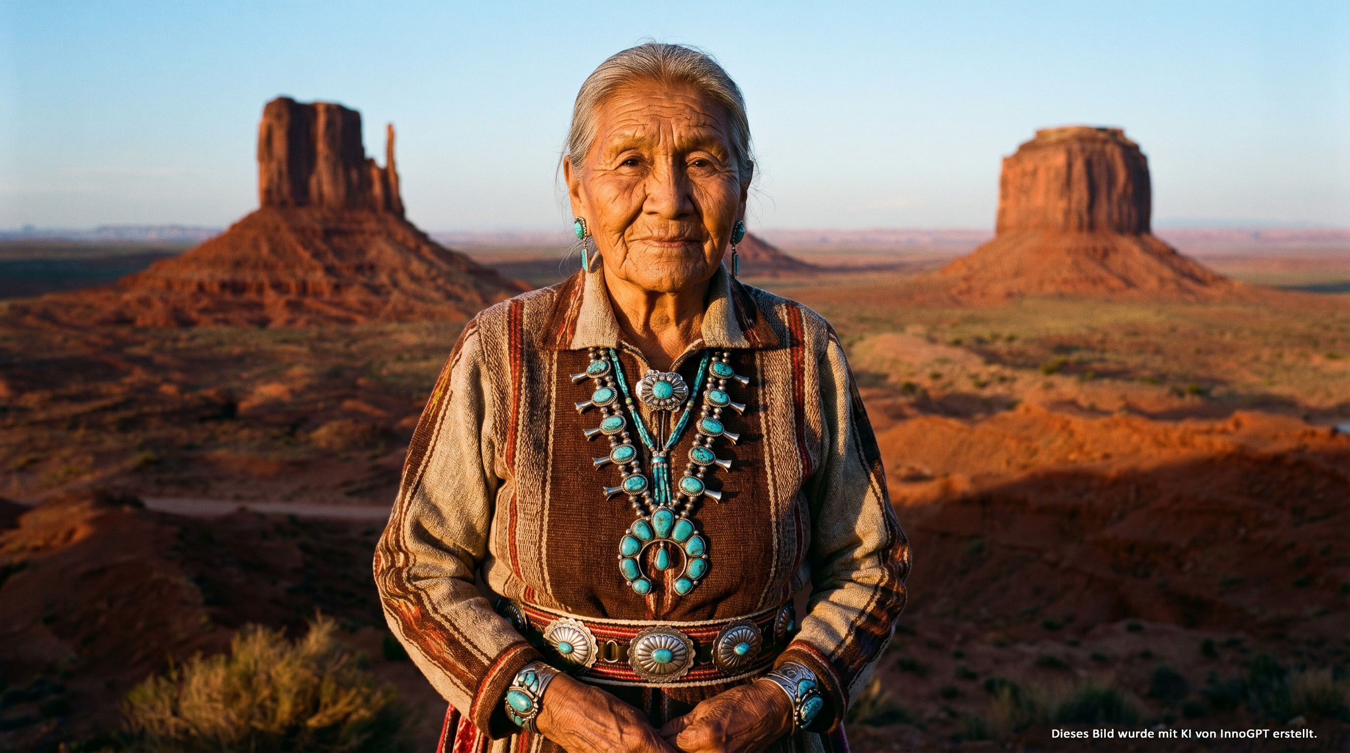 Porträt einer weisen Navajo-Frau, gekleidet in traditionelle Kleidung mit aufwendigem Silberschmuck.