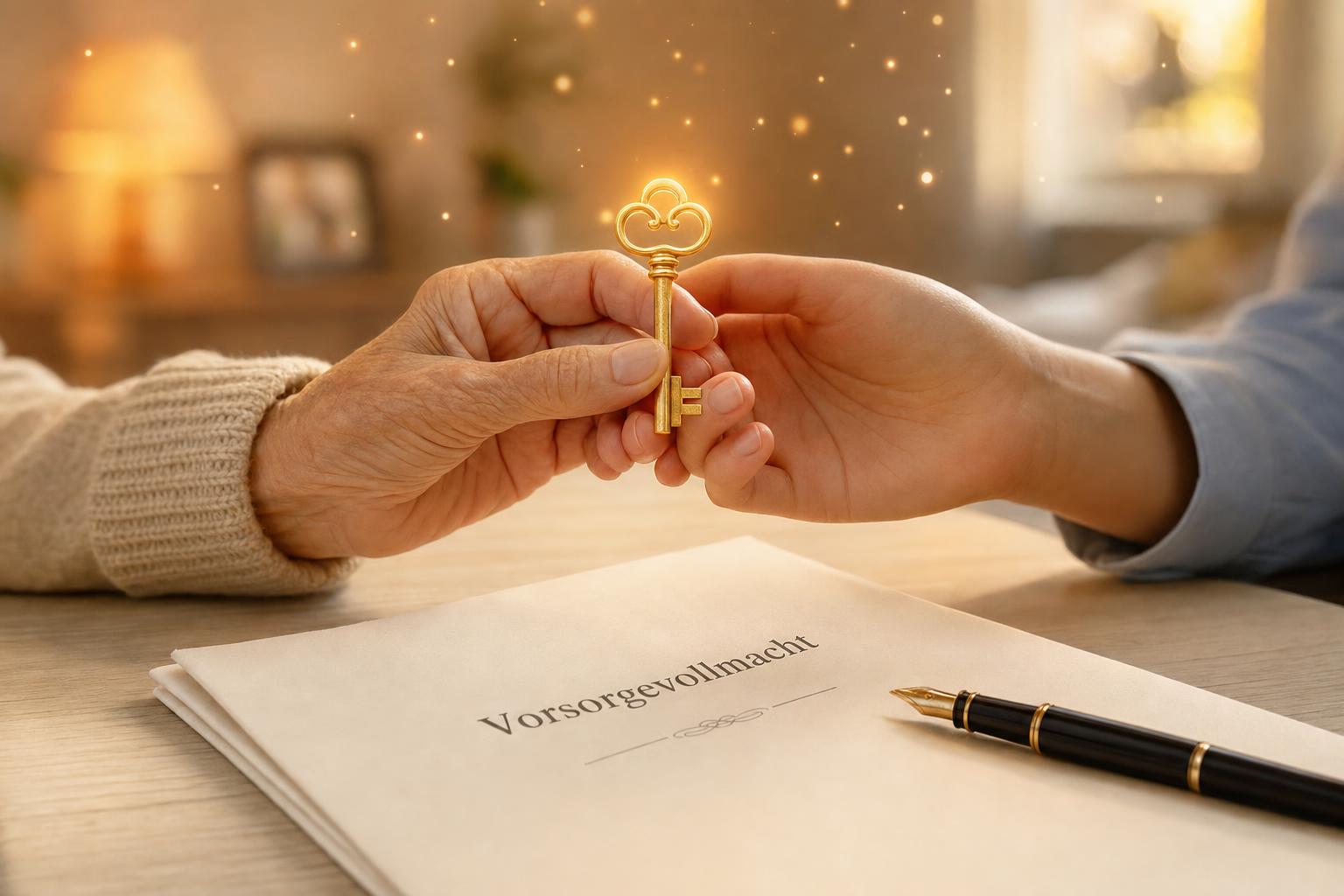 Ein Paar übergibt einen goldenen Schlüssel. Der Hintergrund ist unscharf.
