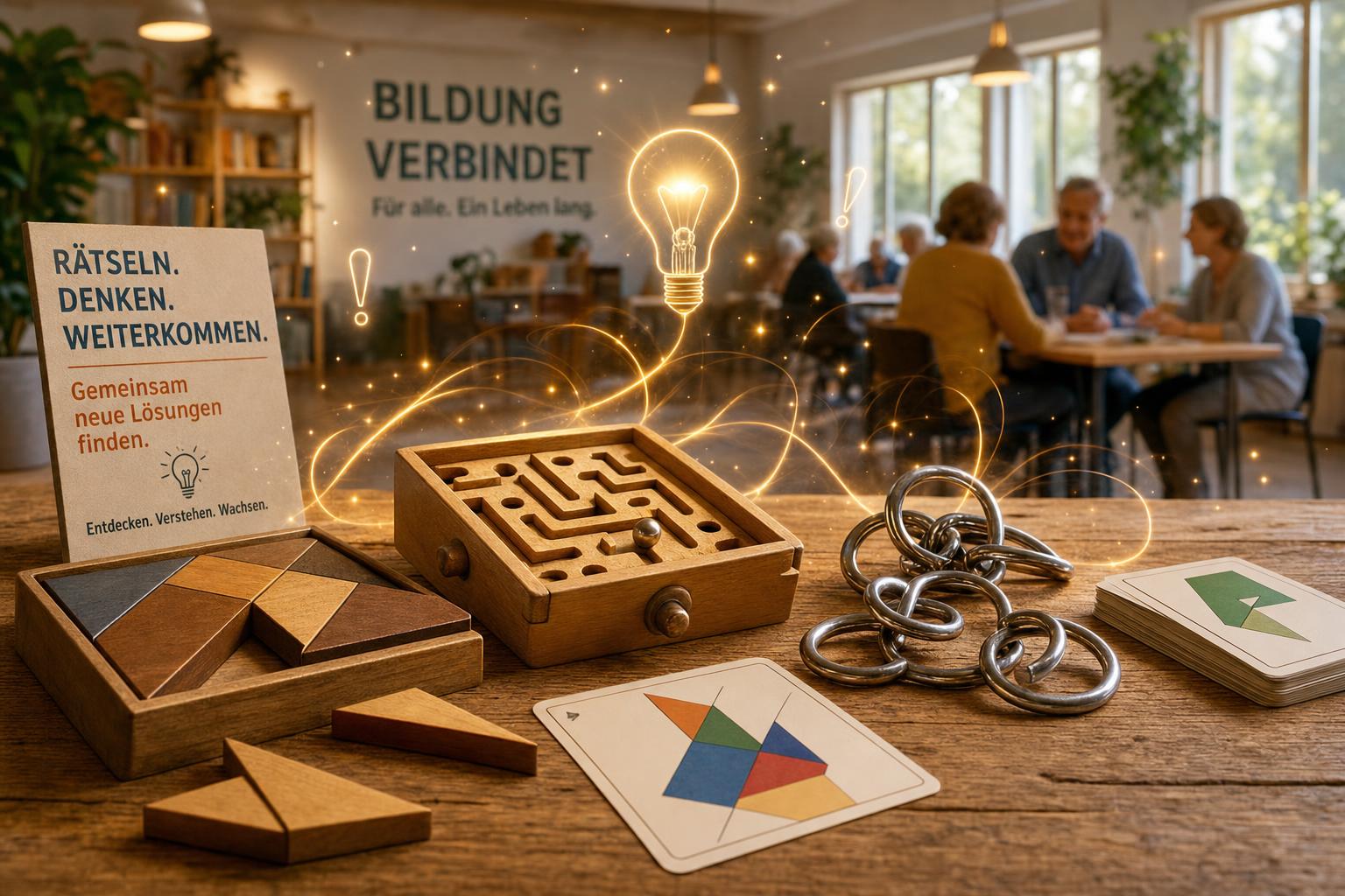 Ein Tisch mit verschiedenen Rätseln und Denkspielen, im Hintergrund Menschen