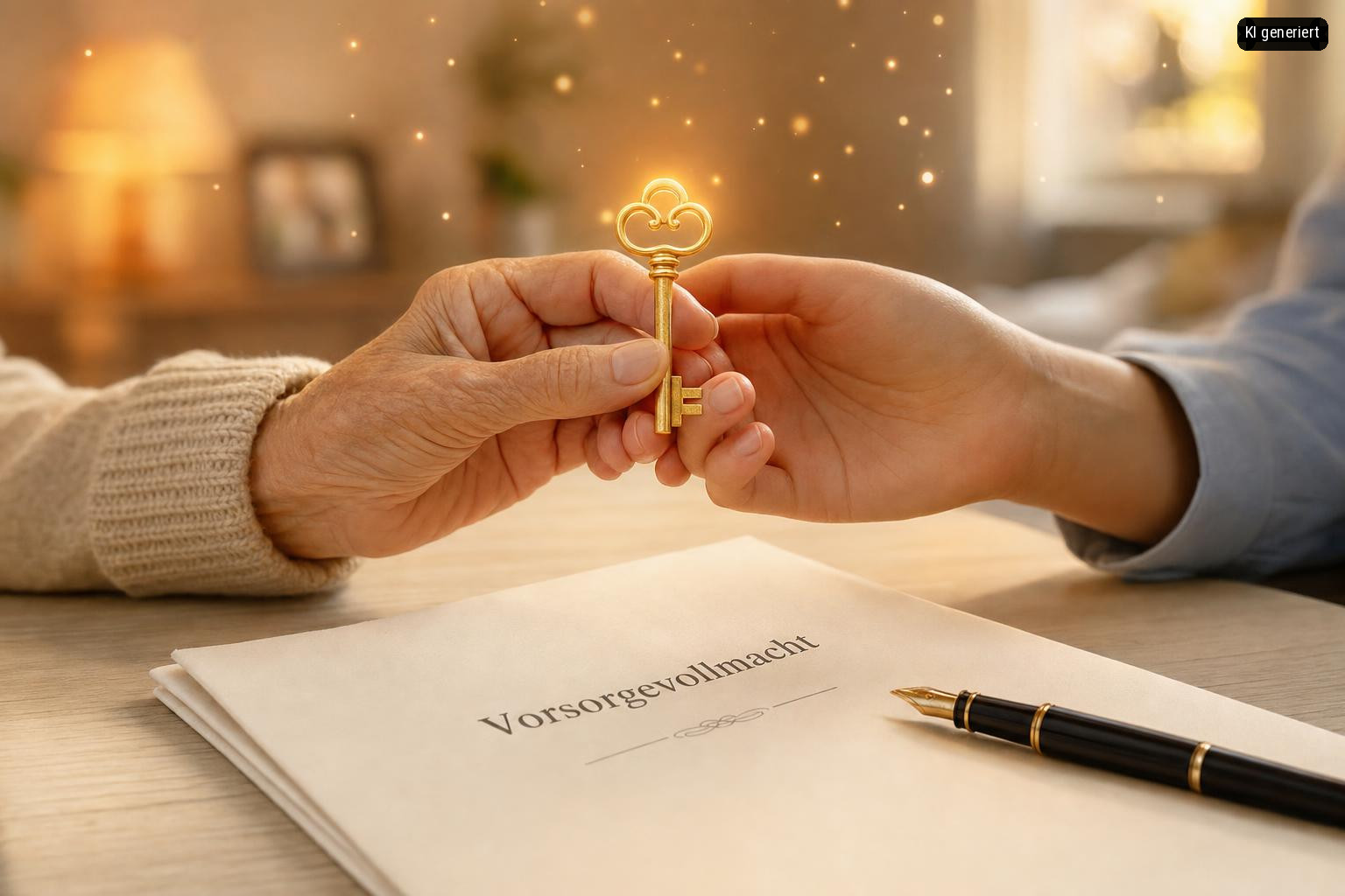 Ein Paar übergibt einen goldenen Schlüssel. Der Hintergrund ist unscharf.