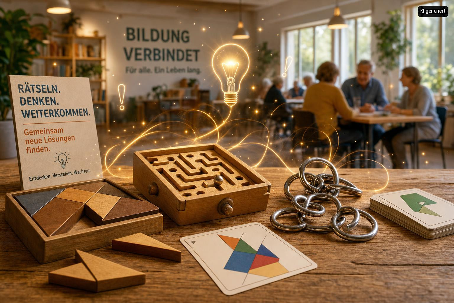 Ein Tisch mit verschiedenen Rätseln und Denkspielen, im Hintergrund Menschen