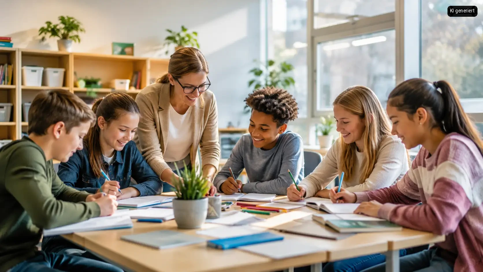 Ein Lehrer und fünf Schüler arbeiten zusammen