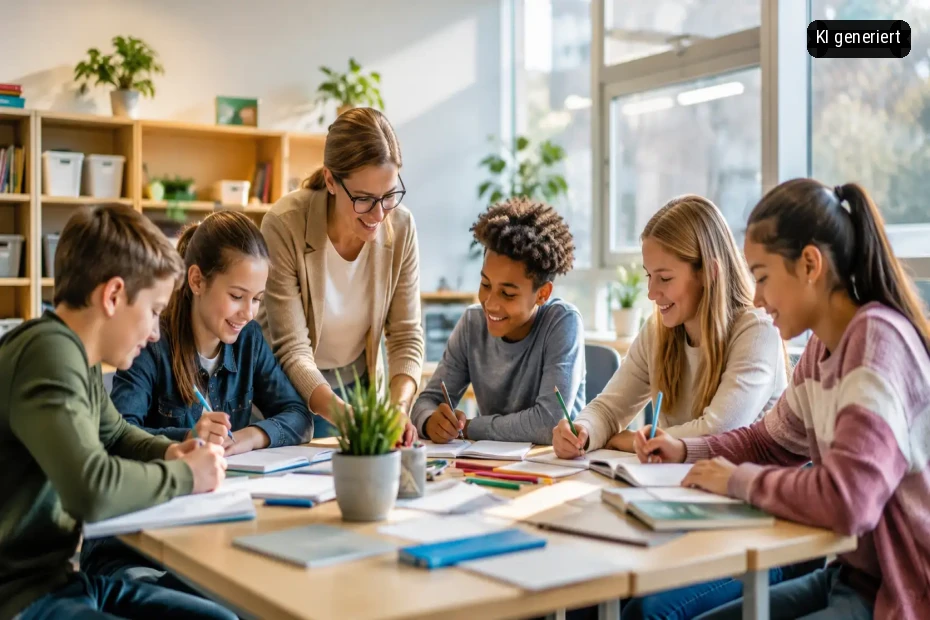Ein Lehrer und fünf Schüler arbeiten zusammen