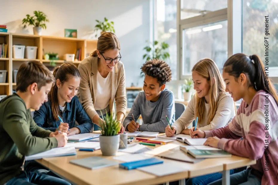Ein Lehrer und fünf Schüler arbeiten zusammen