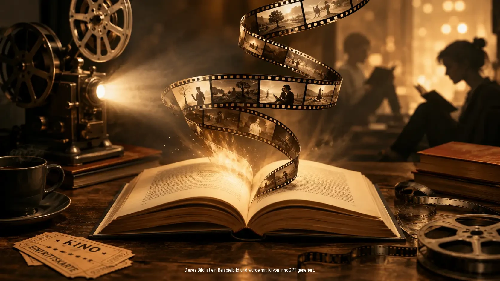 Ein geöffnetes Buch mit einem Filmstreifen, der herausragt. Im Hintergrund eine alte Filmkamera und eine Person im Schatten.