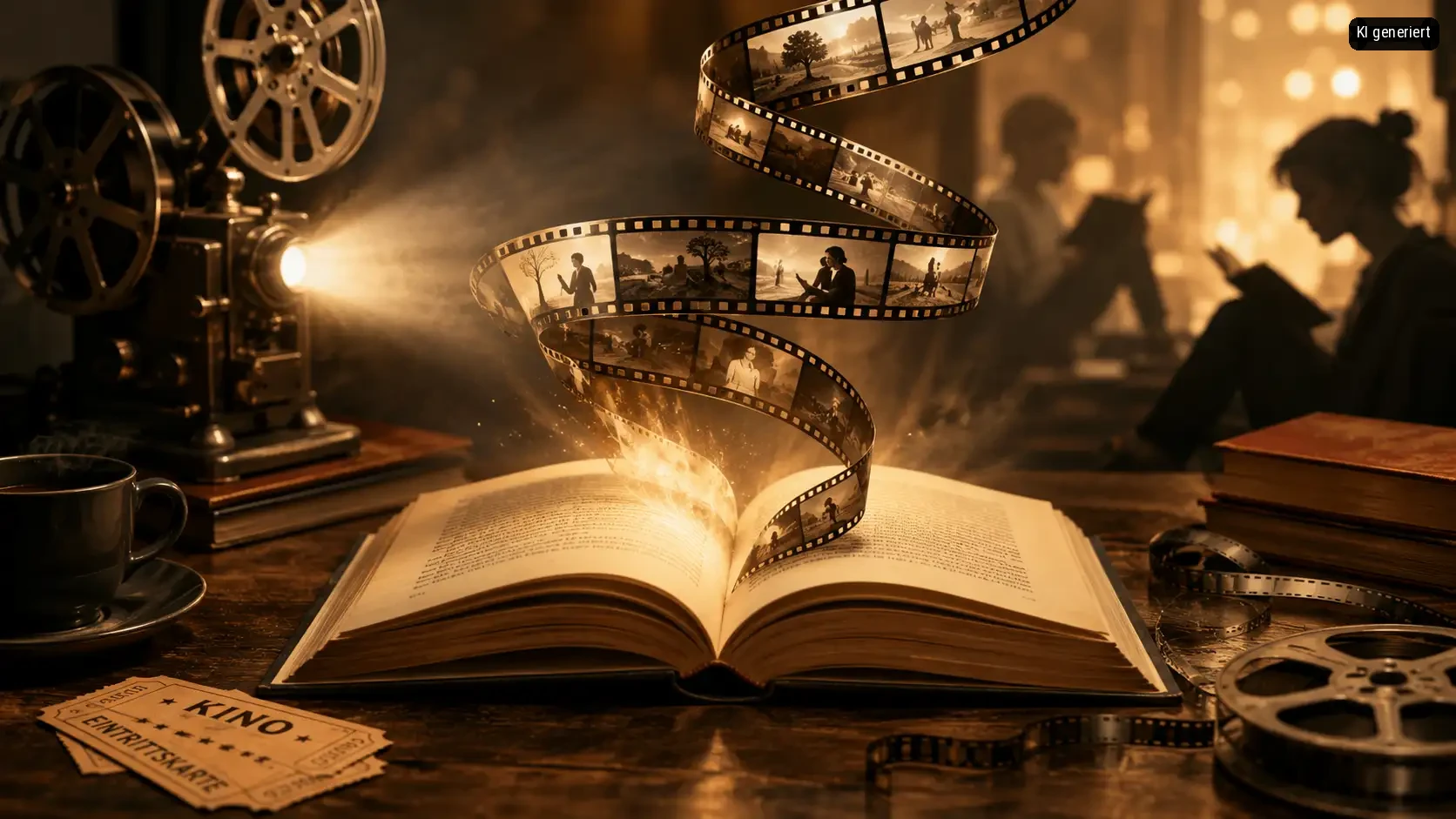 Ein geöffnetes Buch mit einem Filmstreifen, der herausragt. Im Hintergrund eine alte Filmkamera und eine Person im Schatten.