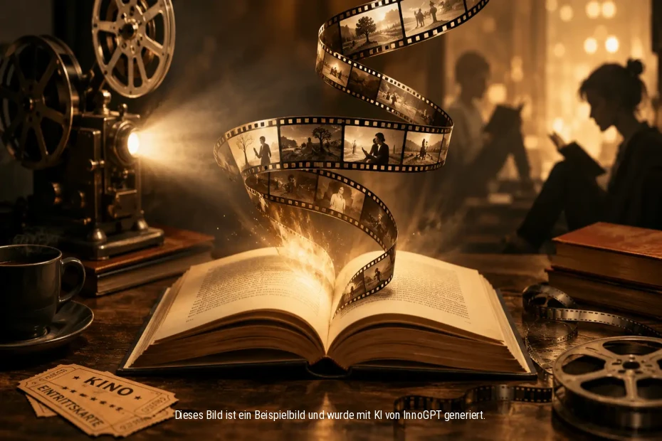 Ein geöffnetes Buch mit einem Filmstreifen, der herausragt. Im Hintergrund eine alte Filmkamera und eine Person im Schatten.