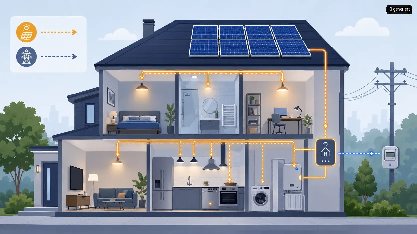 Ein modernes Einfamilienhaus mit einer Solarenergieanlage auf dem Dach. Das Haus verfügt über eine moderne Innenausstattung.