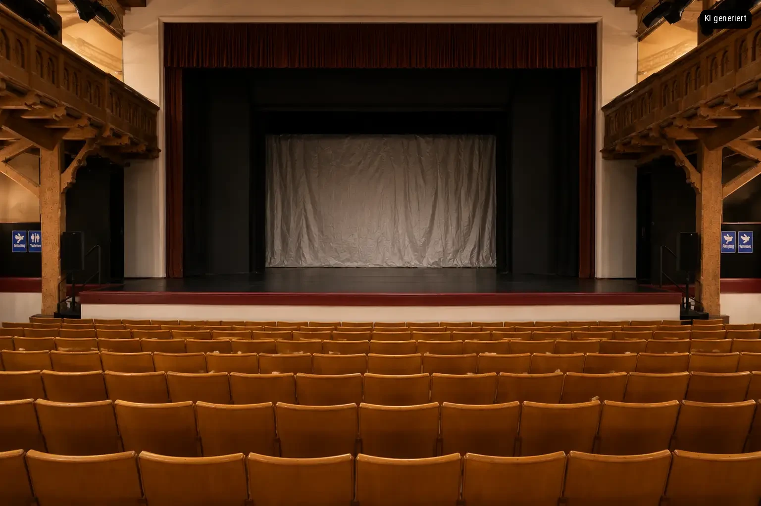Ein leerer Theaterraum mit einer Bühne und braunen Sitzreihen. Die Bühne hat eine weiße Gardine.