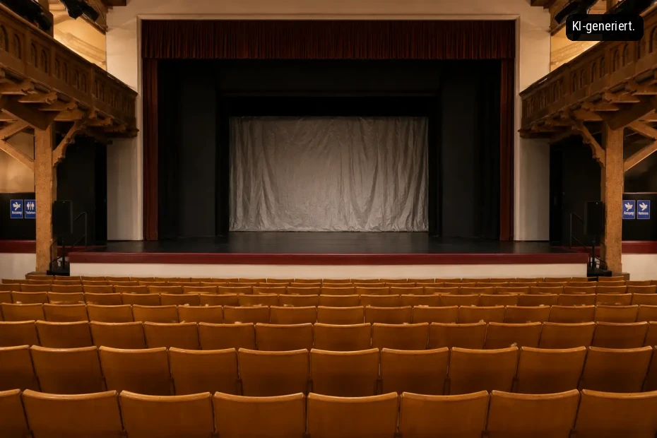 Ein leerer Theaterraum mit einer Bühne und braunen Sitzreihen. Die Bühne hat eine weiße Gardine.