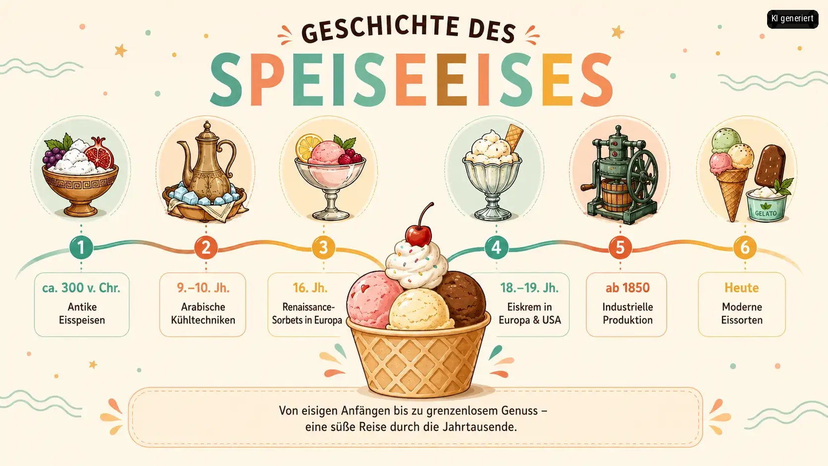 Ein Bild mit einer Zeitachse über die Geschichte von Speiseeis.