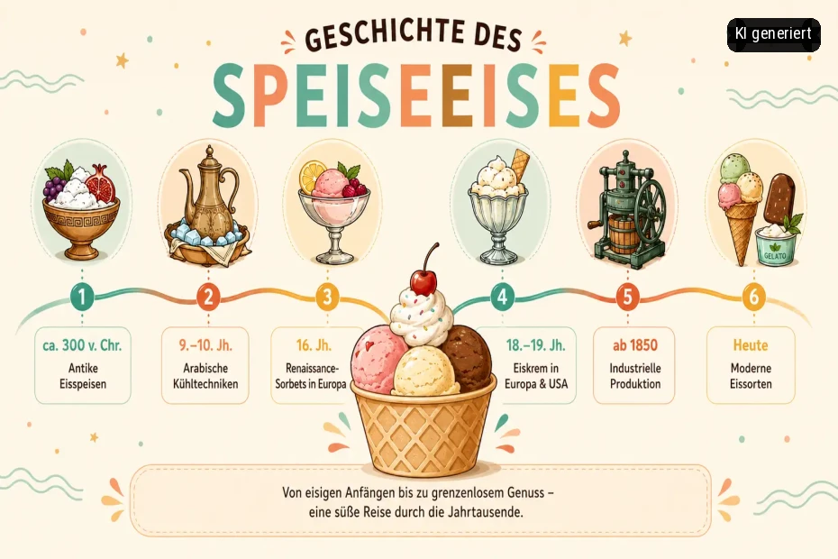Ein Bild mit einer Zeitachse über die Geschichte von Speiseeis.
