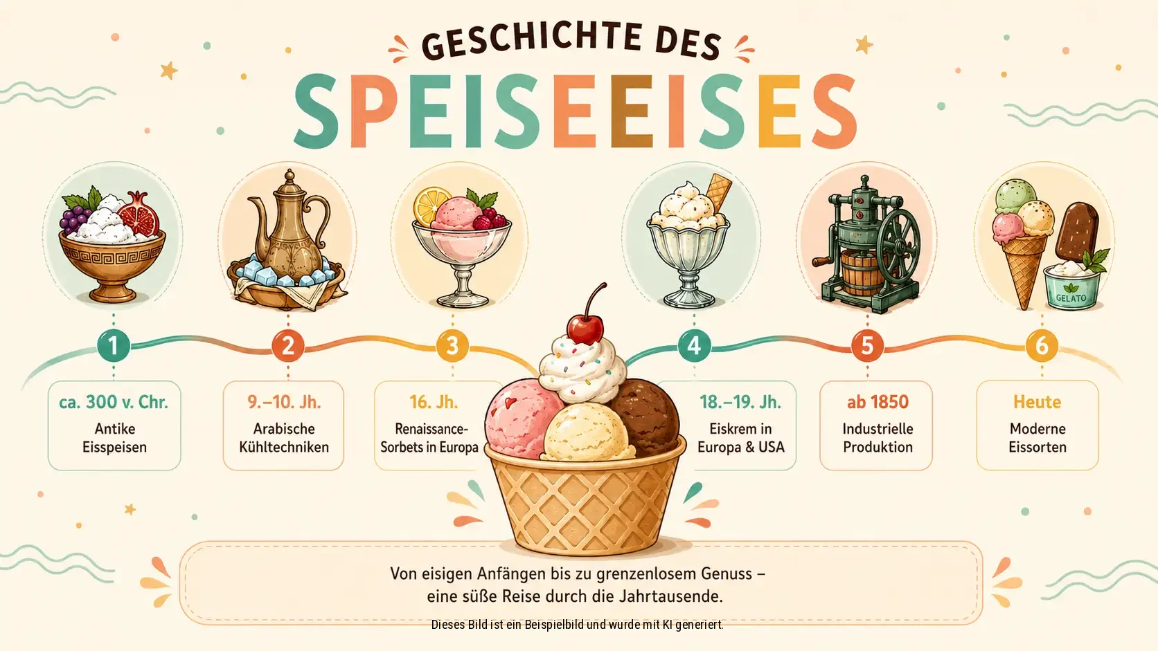Ein Bild mit einer Zeitachse über die Geschichte von Speiseeis.