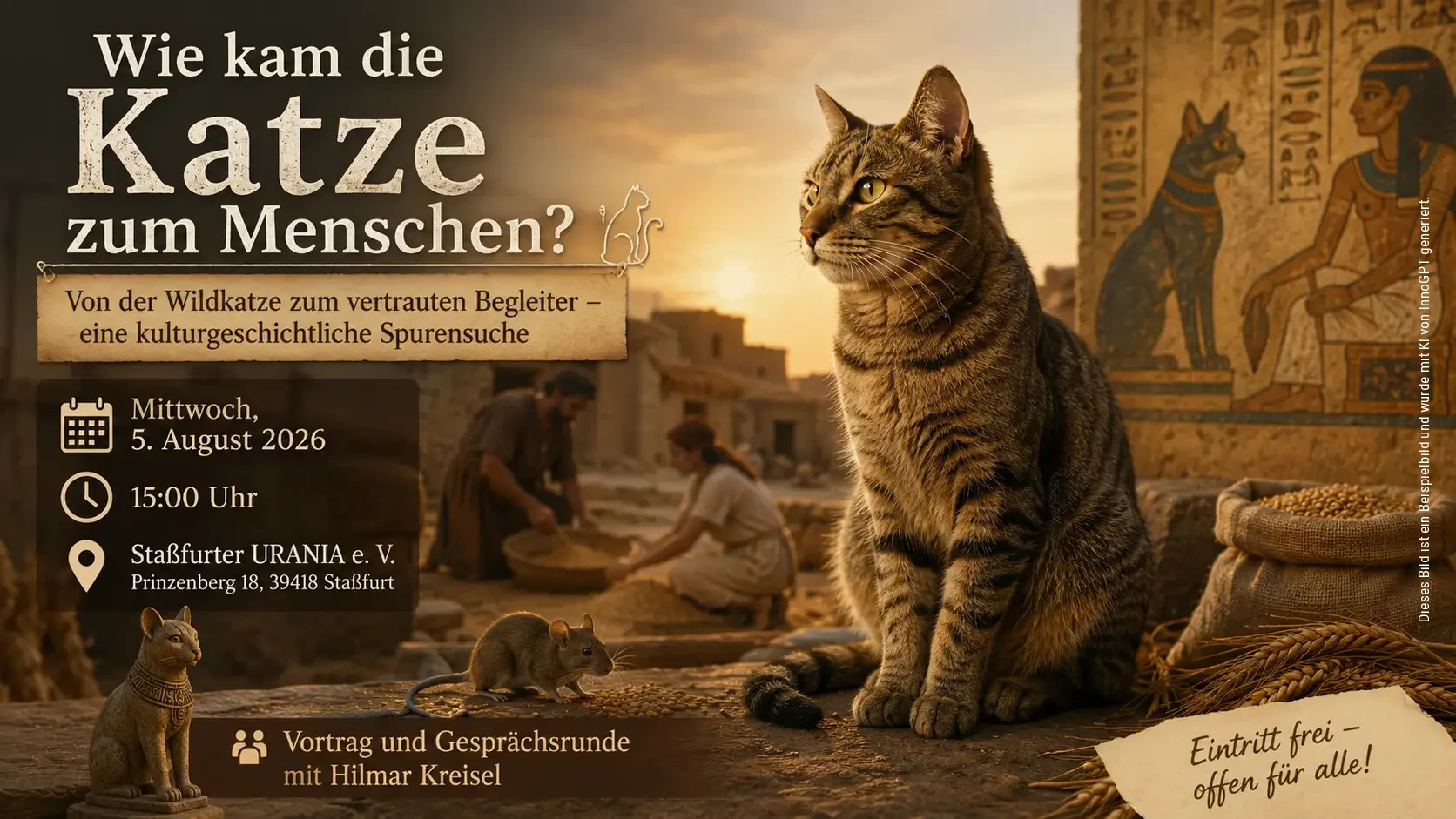 Plakat für einen Vortrag am 5. August 2026 über die Domestizierung der Katze durch Hilmar Knisel. Das Bild zeigt eine tabby-Katze vor einem Hintergrund mit altägyptischen Hieroglyphen und Getreidesäcken.