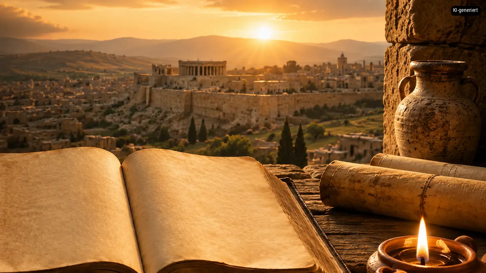 Eine offene Bibel und alte Schriftrollen neben einer brennenden Kerze mit Blick auf eine historische Stadt bei Sonnenuntergang.