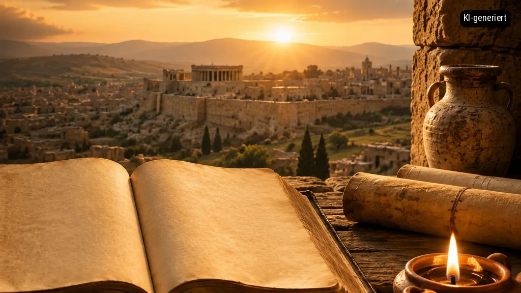 Eine offene Bibel und alte Schriftrollen neben einer brennenden Kerze mit Blick auf eine historische Stadt bei Sonnenuntergang.