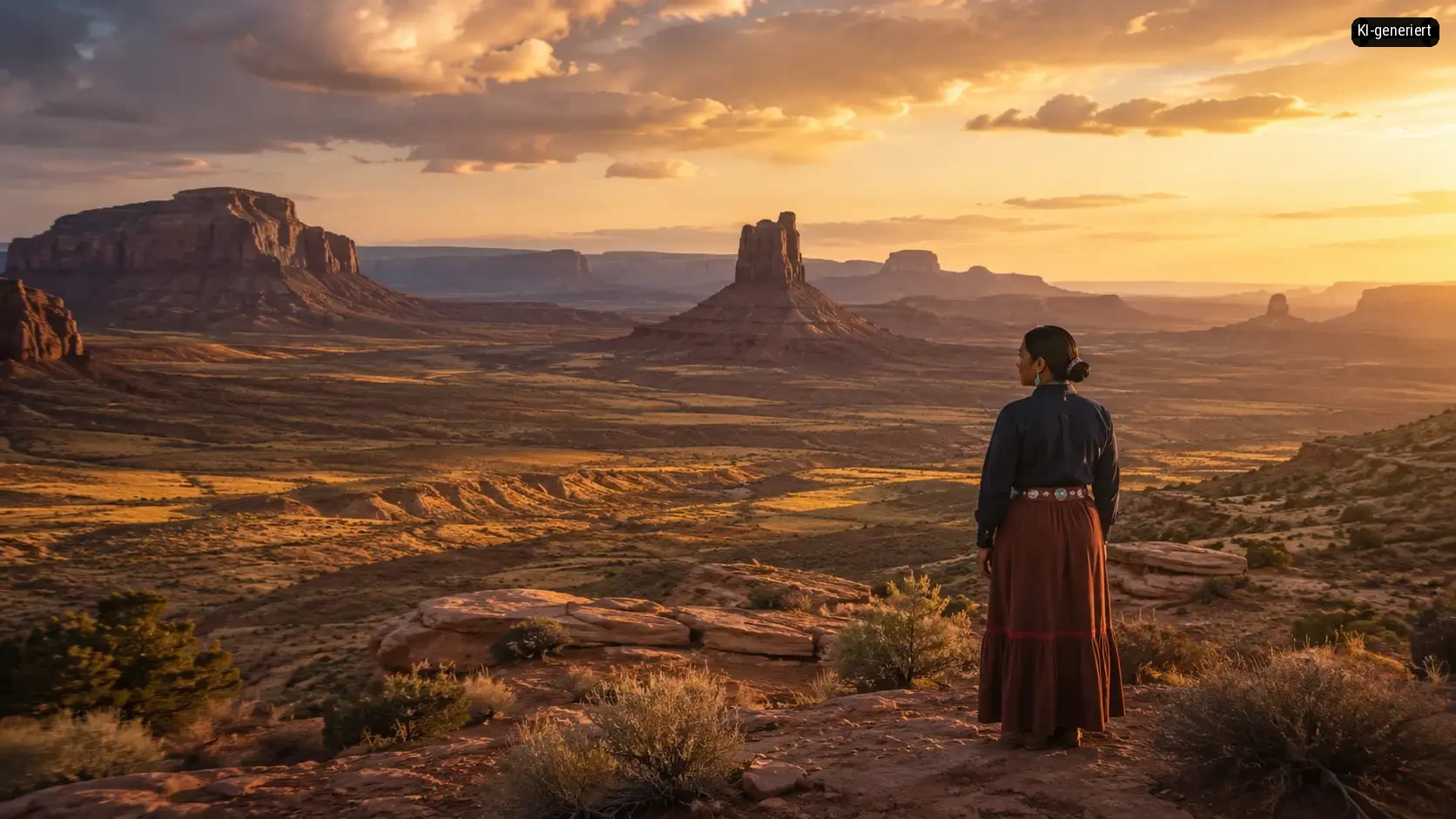 Eine Frau steht mit Blick auf die majestätische Wüstenlandschaft bei warmem Sonnenuntergang.