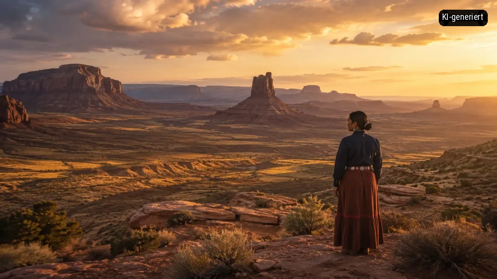 Eine Frau steht mit Blick auf die majestätische Wüstenlandschaft bei warmem Sonnenuntergang.