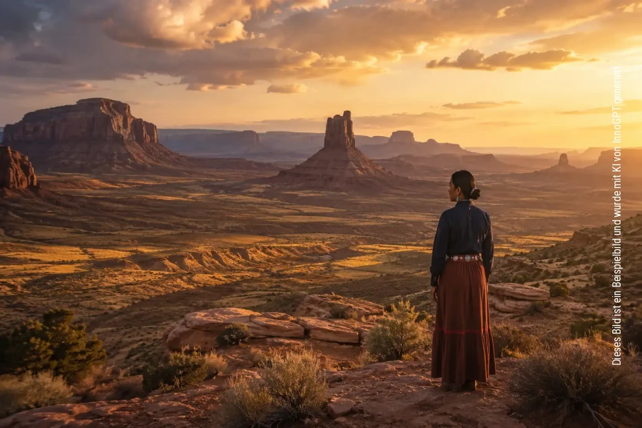 Eine Frau steht mit Blick auf die majestätische Wüstenlandschaft bei warmem Sonnenuntergang.
