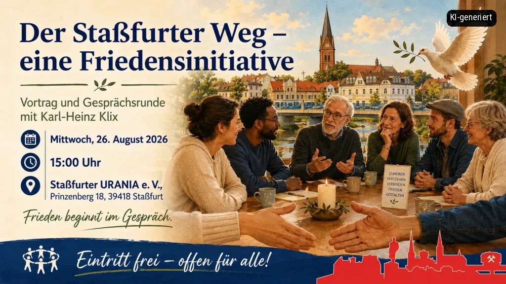 Ansicht der Bodebrücke mit prägnanter Kirche, im Vordergrund eine Gruppe im Gespräch über ihnen eine friedlich fliegende Taube.