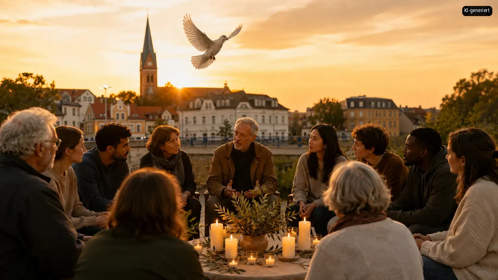 Eine Gruppe von Menschen sitzt gemeinsam an einem Tisch im freien und genießt den Sonnenuntergang über einer malerischen Stadtmitte. Eine weiße Taube schwebt friedlich über der Szenerie.
