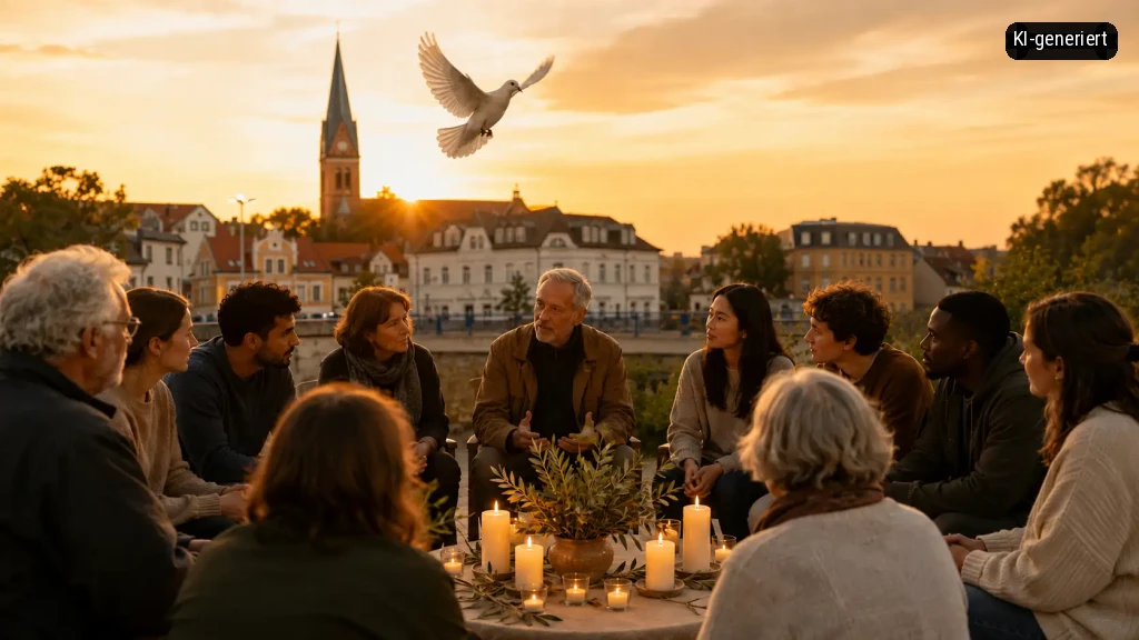 Eine Gruppe von Menschen sitzt gemeinsam an einem Tisch im freien und genießt den Sonnenuntergang über einer malerischen Stadtmitte. Eine weiße Taube schwebt friedlich über der Szenerie.