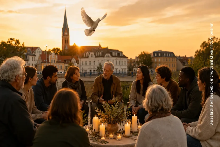 Eine Gruppe von Menschen sitzt gemeinsam an einem Tisch im freien und genießt den Sonnenuntergang über einer malerischen Stadtmitte. Eine weiße Taube schwebt friedlich über der Szenerie.