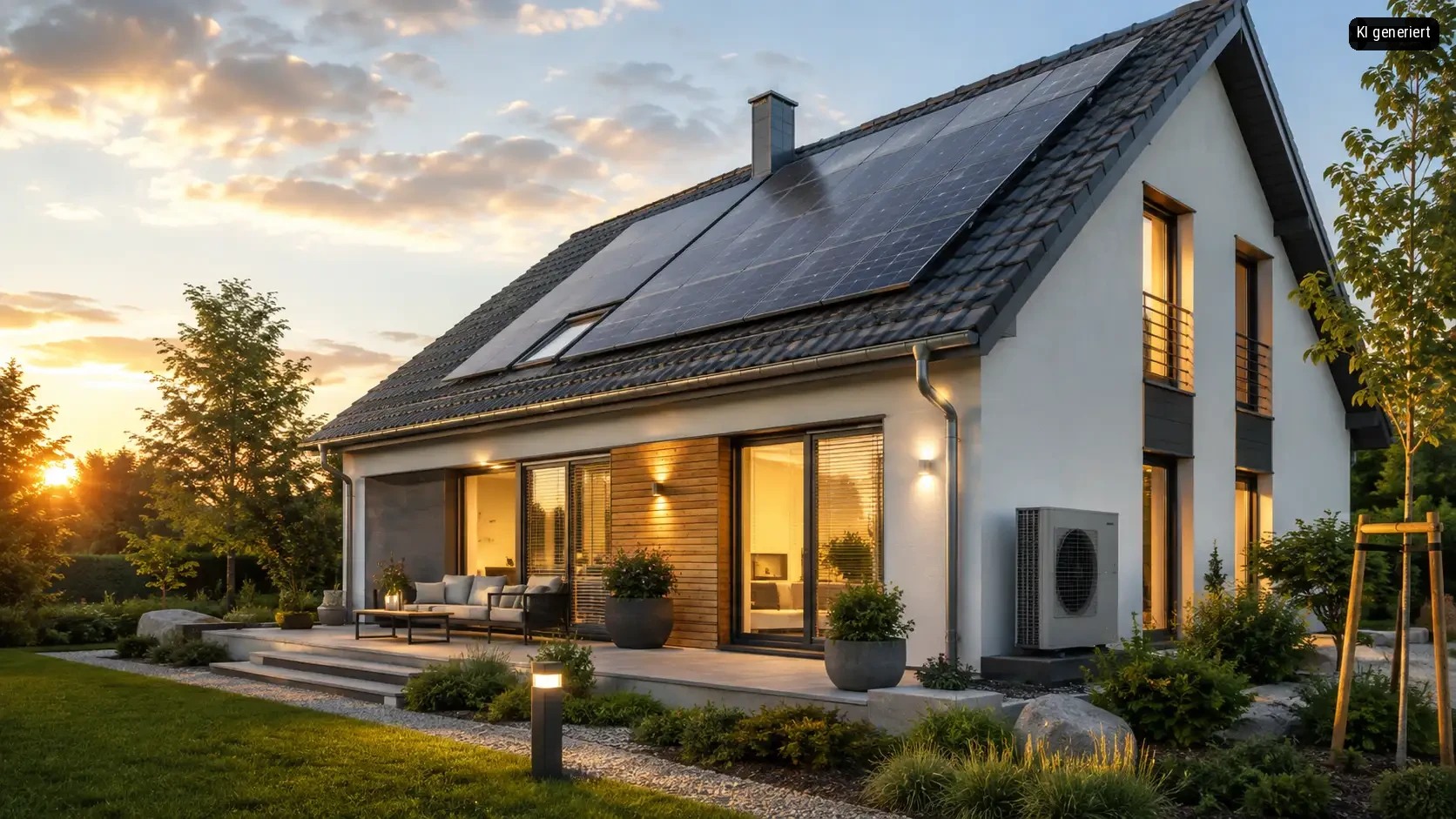 Ein modernes Haus mit großen Fenstern und einer Terrasse, beleuchtet bei Sonnenuntergang.