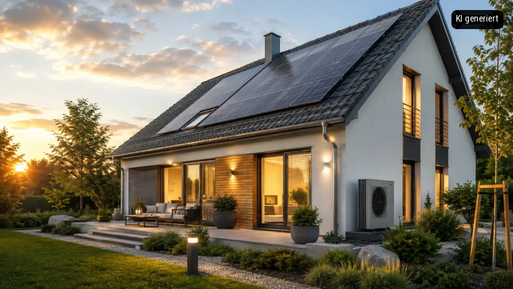 Ein modernes Haus mit großen Fenstern und einer Terrasse, beleuchtet bei Sonnenuntergang.