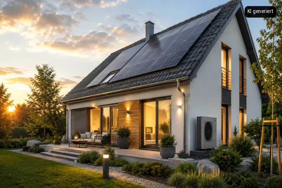 Ein modernes Haus mit großen Fenstern und einer Terrasse, beleuchtet bei Sonnenuntergang.