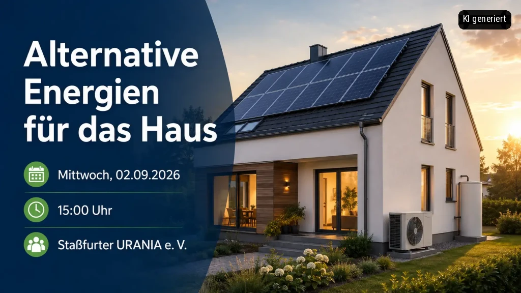 Ein modernes Haus mit Solarpanelen und einer Wärmepumpe im Garten. Veranstaltungsinformationen sind auf der Grafik angegeben.