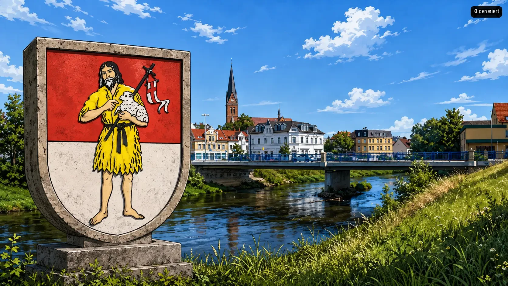 Ein traditionelles Stadtwappen von Aalen mit einem gelben Figurenmotiv vor rotem Hintergrund steht am Ufer der Wutach. Im Hintergrund ist die historische Altstadt mit Kirchen und Brücke unter blauem Himmel zu sehen.