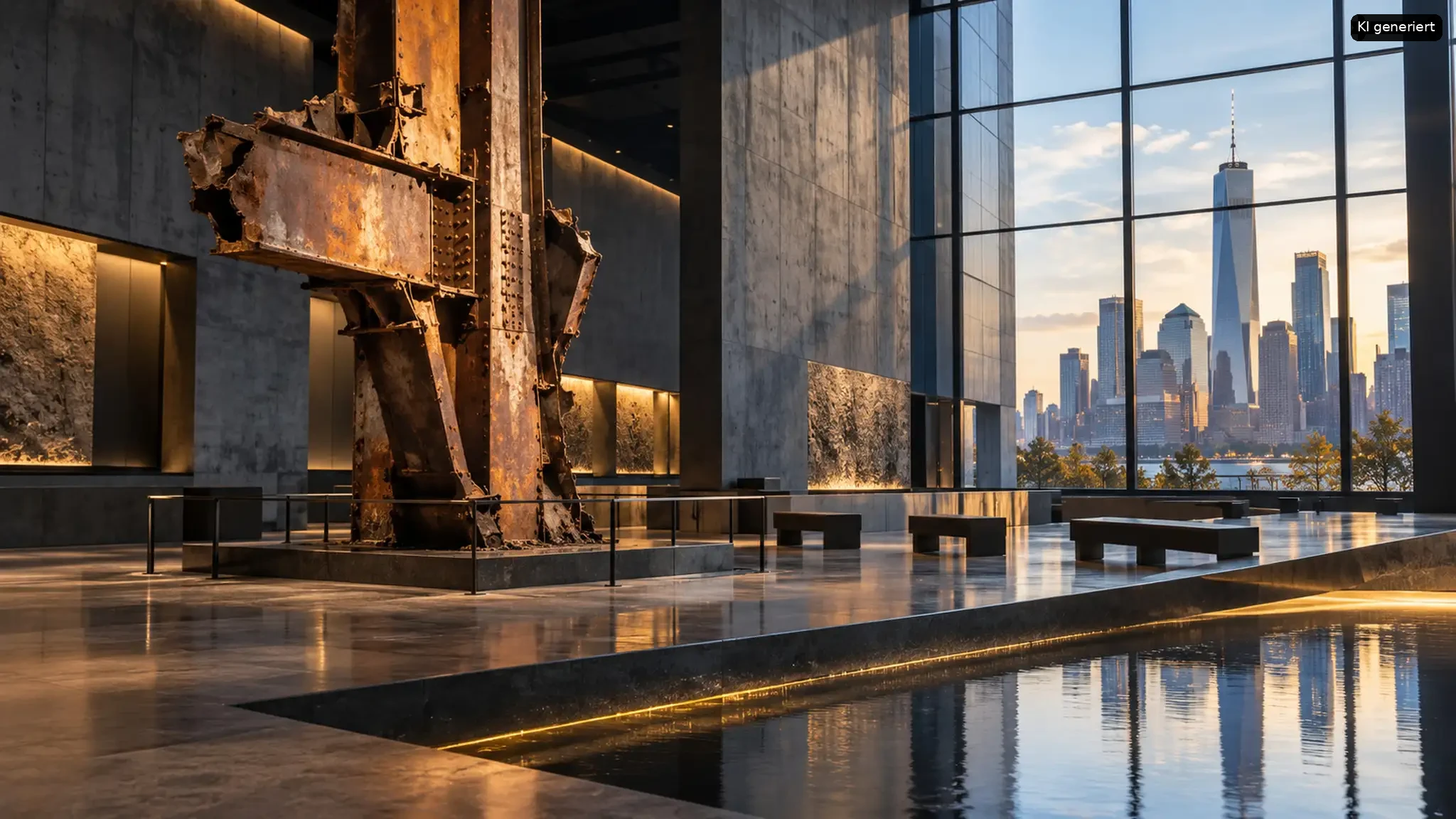 Moderner Innenraum des Oculus im World Trade Center mit historischem Stahlträger und Blick auf die Manhattan Skyline durch große Fenster.