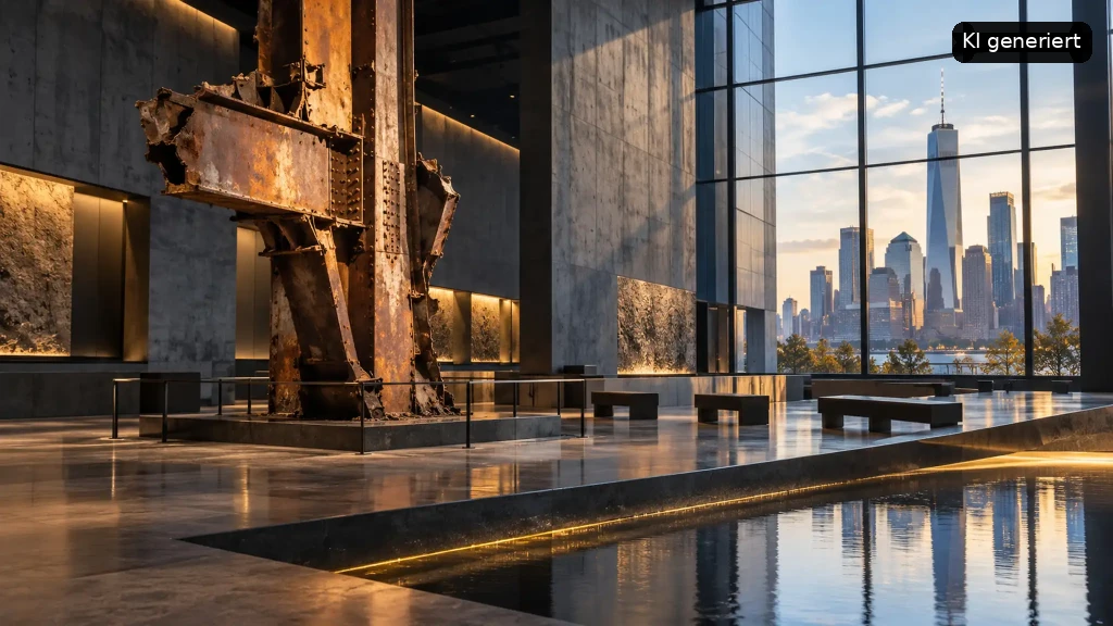 Moderner Innenraum des Oculus im World Trade Center mit historischem Stahlträger und Blick auf die Manhattan Skyline durch große Fenster.