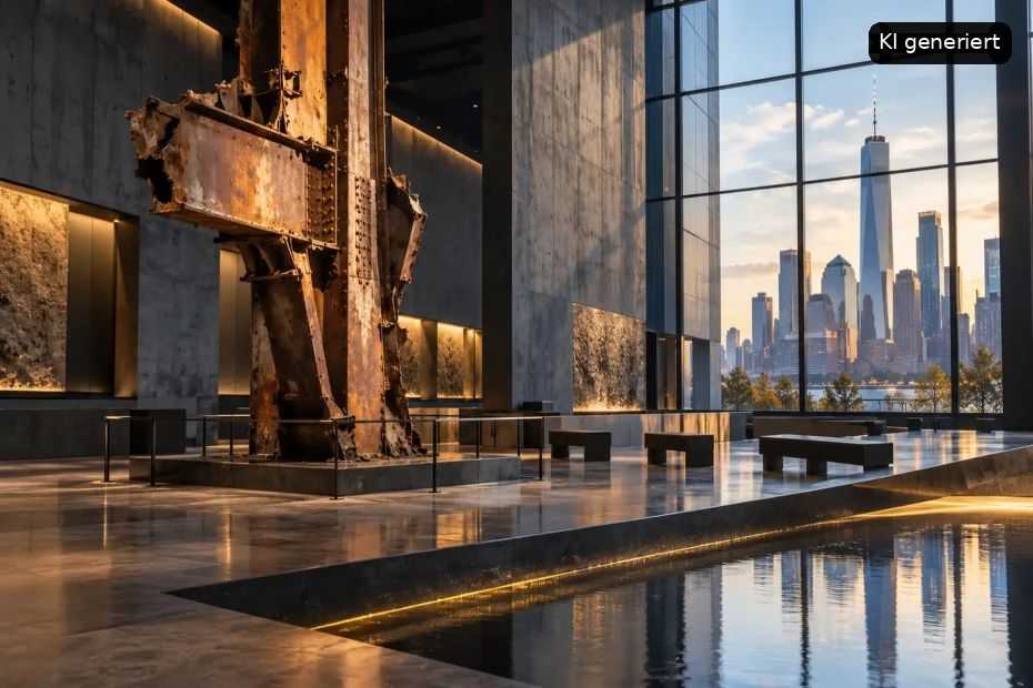 Moderner Innenraum des Oculus im World Trade Center mit historischem Stahlträger und Blick auf die Manhattan Skyline durch große Fenster.