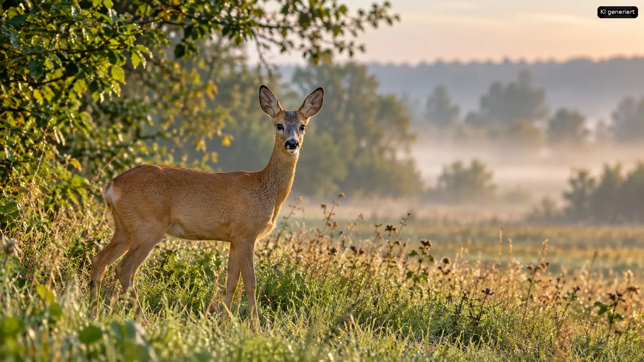 Einsame Hirschkuh steht in einer bewachsenen Feldlandschaft bei Nebel und weicher Morgenbeleuchtung.