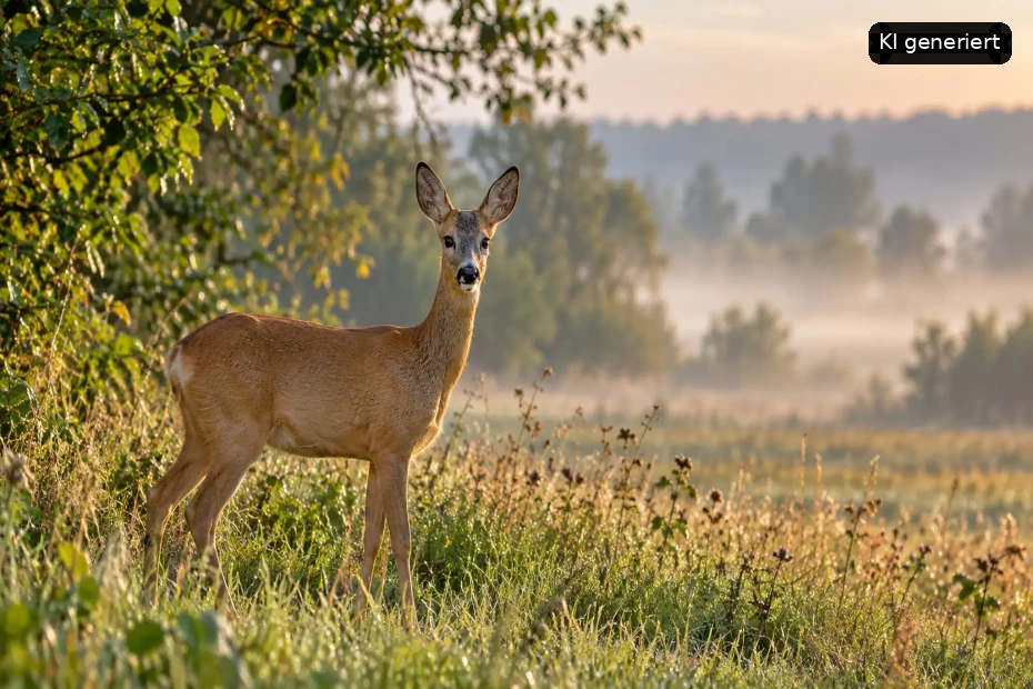 Einsame Hirschkuh steht in einer bewachsenen Feldlandschaft bei Nebel und weicher Morgenbeleuchtung.