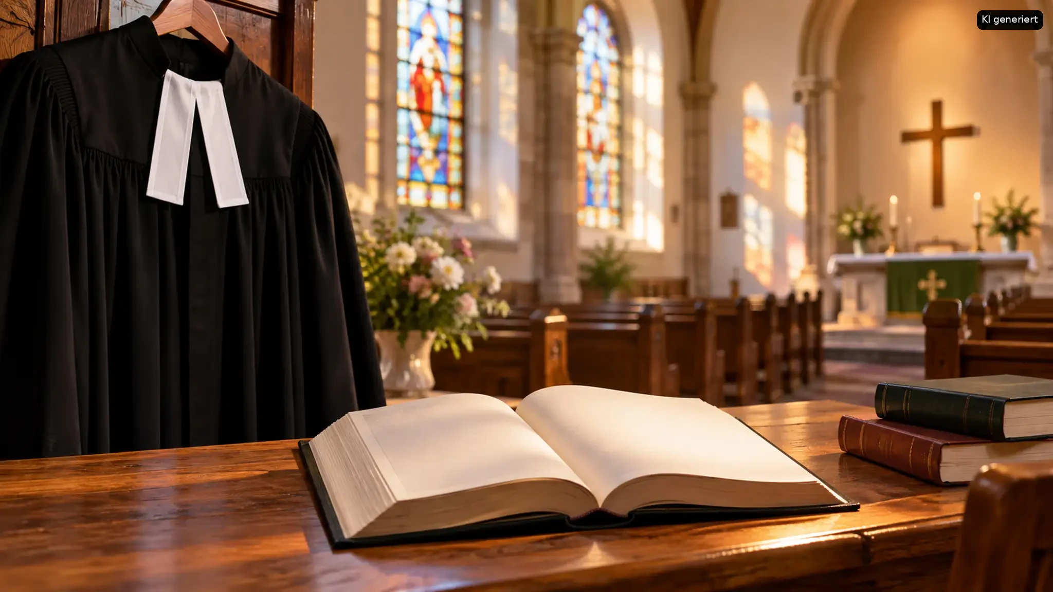 Einladung zum Vortrag „Wie ich Pfarrerin geworden bin“ am 21.10.2026 um 15 Uhr in einer Kirche mit Priesterrobe und offener Bibel.