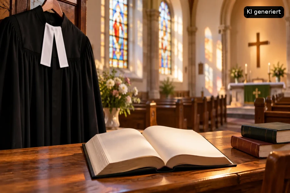 Einladung zum Vortrag „Wie ich Pfarrerin geworden bin“ am 21.10.2026 um 15 Uhr in einer Kirche mit Priesterrobe und offener Bibel.