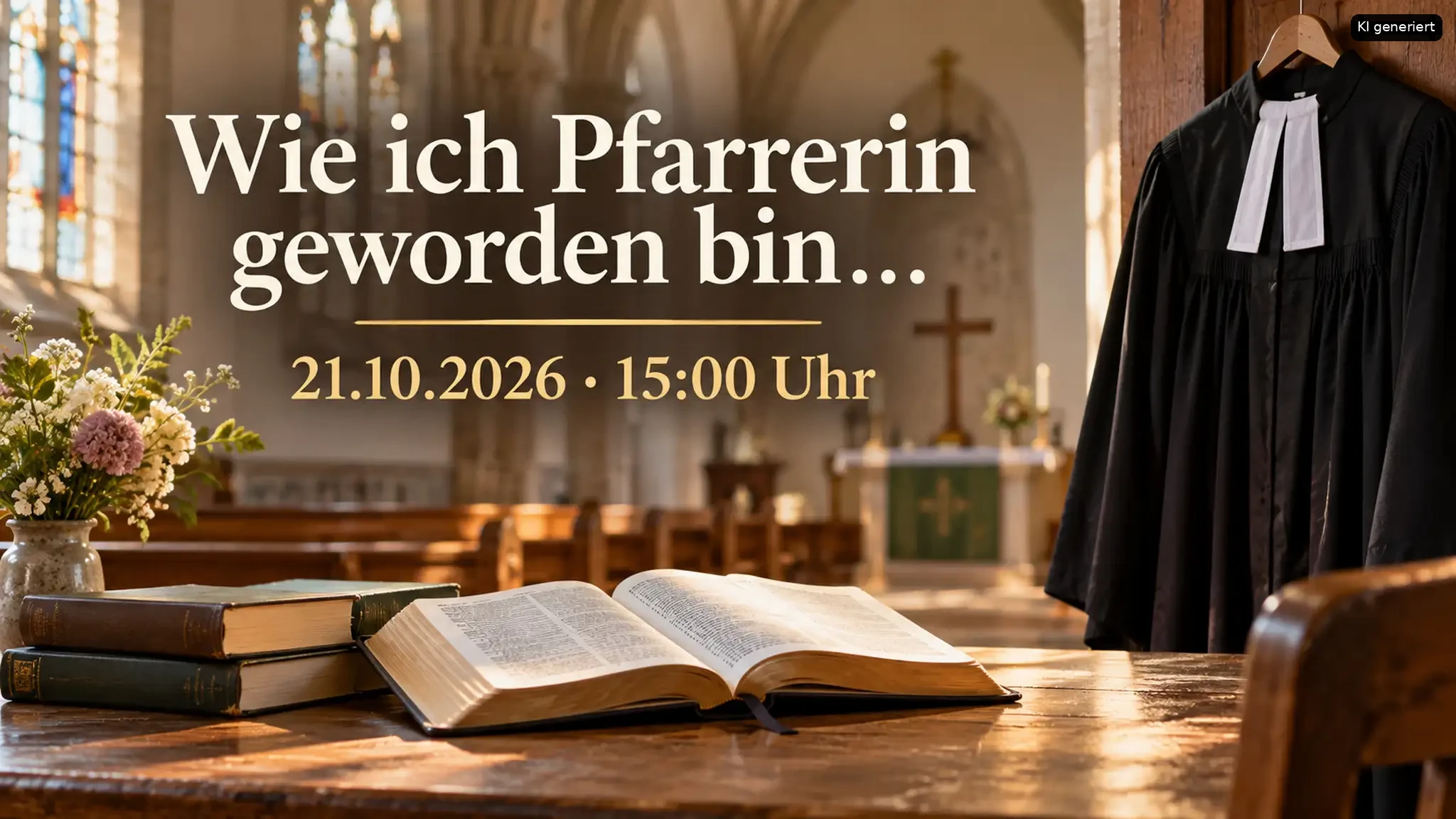 Einladung zum Vortrag „Wie ich Pfarrerin geworden bin“ am 21.10.2026 um 15 Uhr in einer Kirche mit Priesterrobe und offener Bibel.