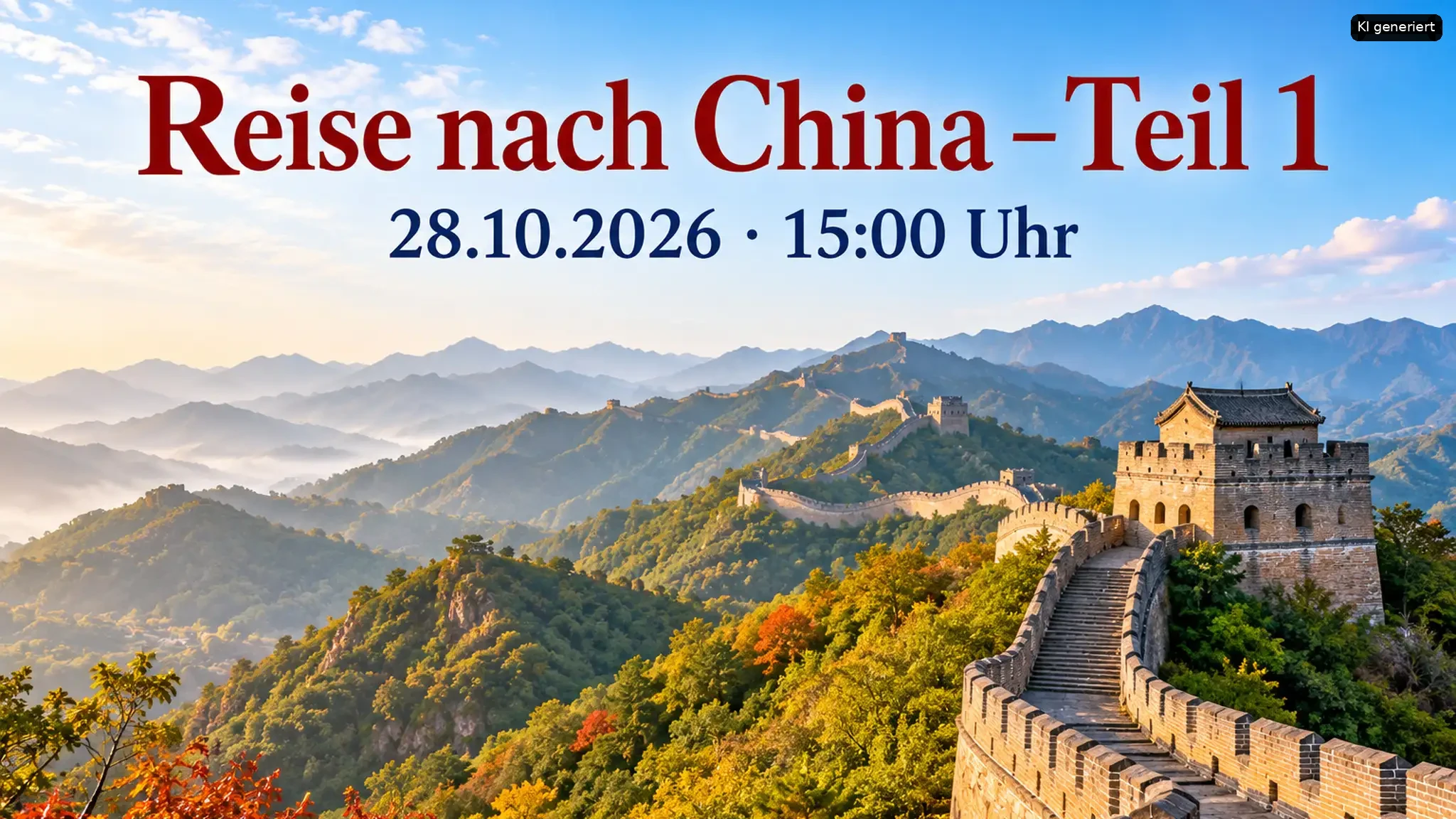 Große Mauer Chinas auf einem Berg mit Herbstfarben und datum am 28.10.2026.
