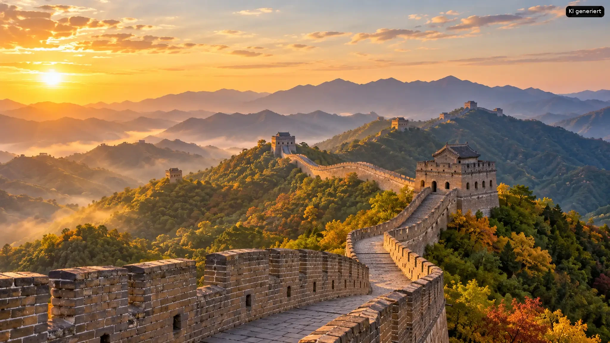 Die legendäre Große Mauer Chinas schlängelt sich durch bewaldete Berge bei der goldenen Stunde.
