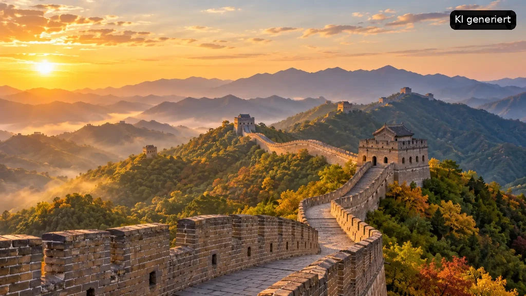 Die legendäre Große Mauer Chinas schlängelt sich durch bewaldete Berge bei der goldenen Stunde.