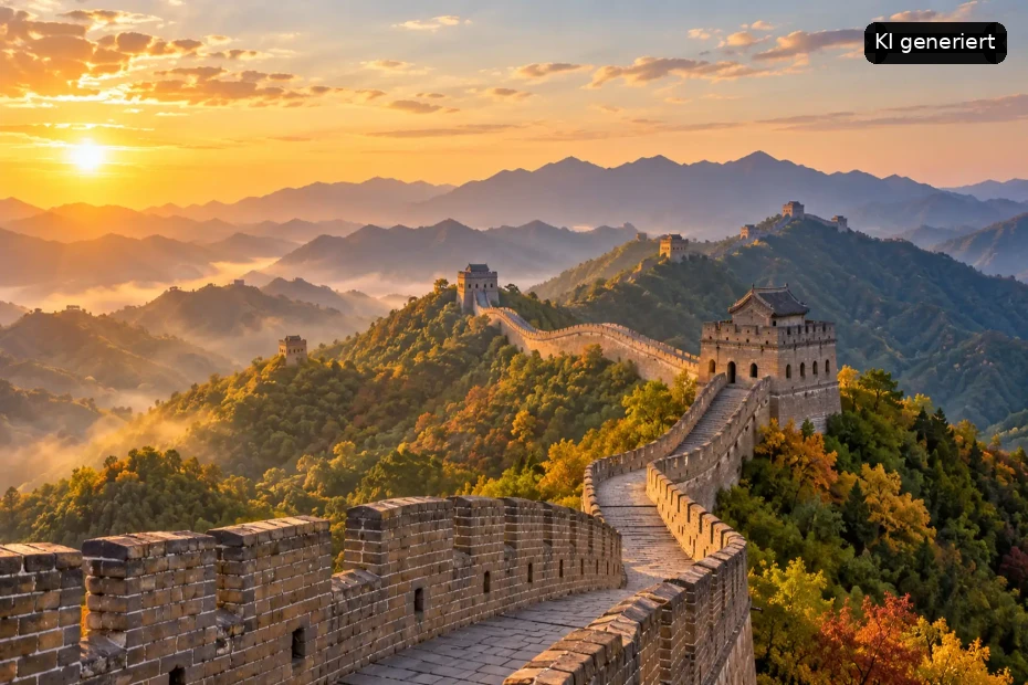 Die legendäre Große Mauer Chinas schlängelt sich durch bewaldete Berge bei der goldenen Stunde.