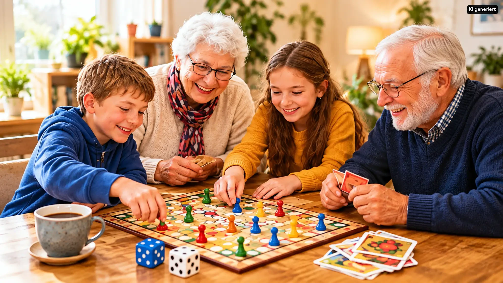 Eine glückliche mehrgenerationale Familie spielt ein Brettspiel am Esstisch, während alte und junge Generationen zusammen lachen.
