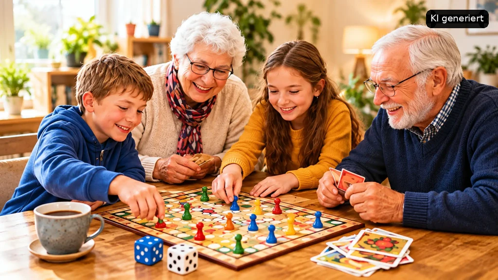 Eine glückliche mehrgenerationale Familie spielt ein Brettspiel am Esstisch, während alte und junge Generationen zusammen lachen.