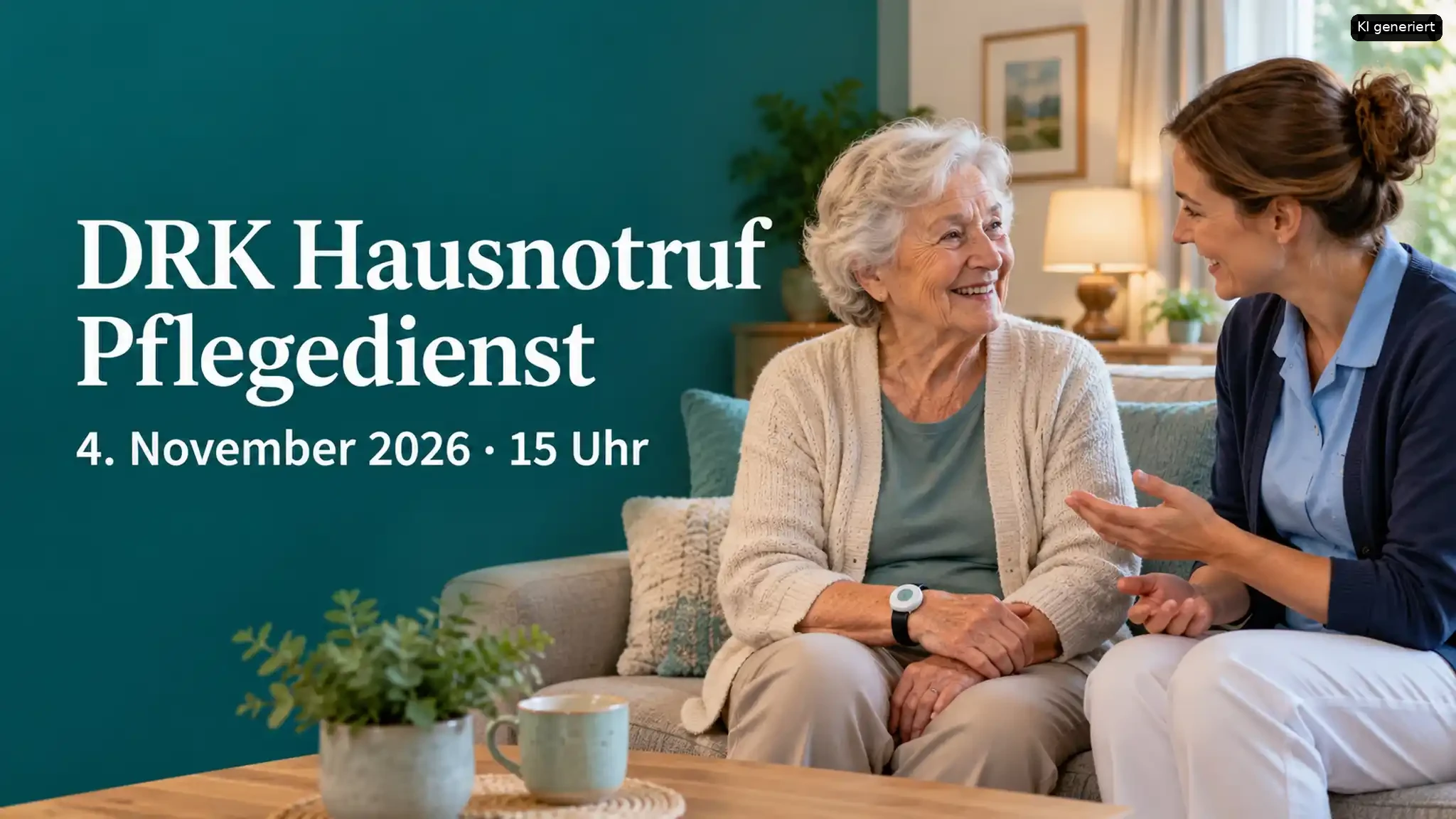 Eine Pflegekraft führt ein Beratungsgespräch mit einer älteren Frau im Wohnzimmer. Das Bild enthält die Beschriftung des DRK Hausnotrufs zum Termin am 4. November 2026.